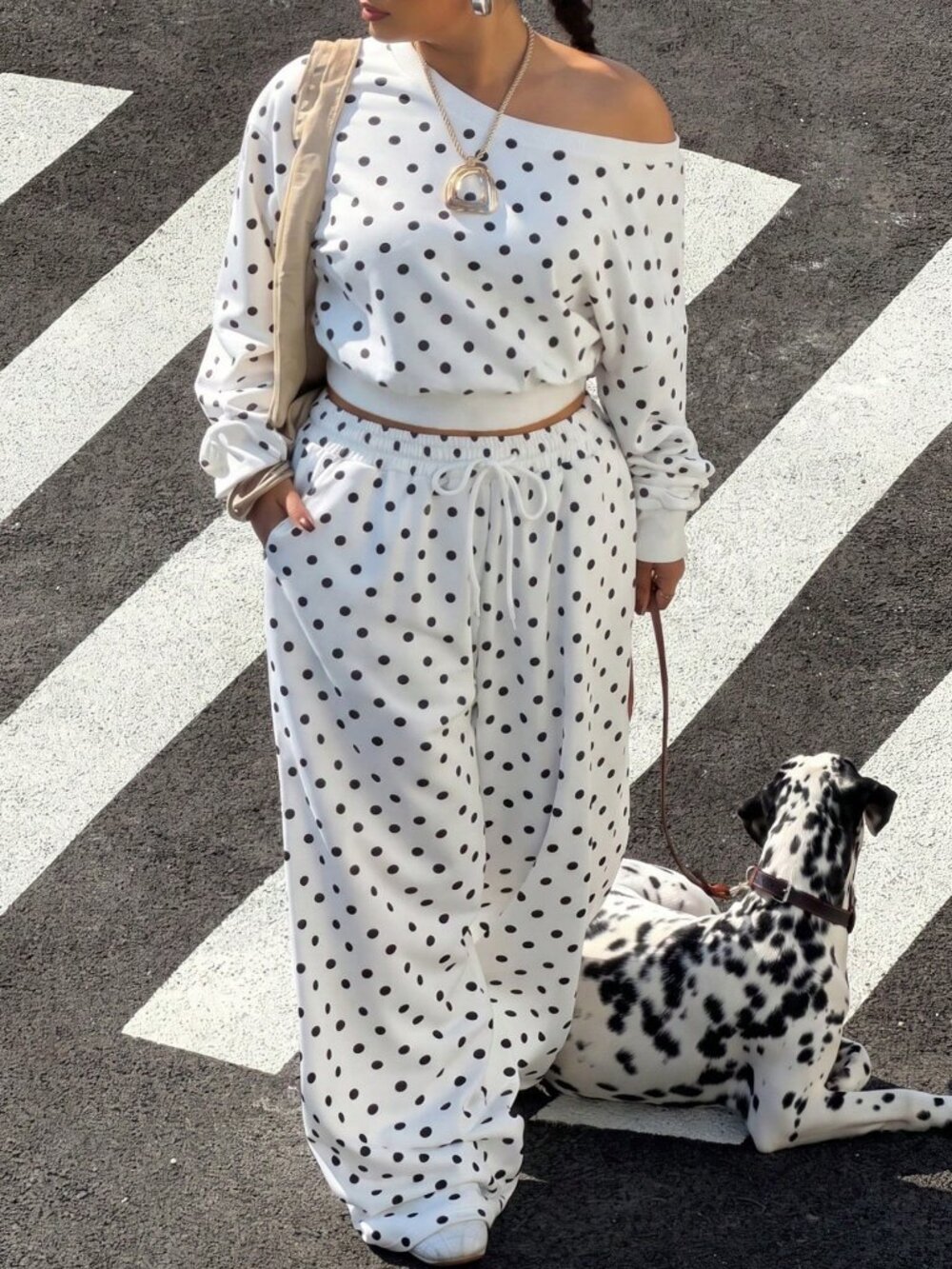 Black And White Casual Women's Polka Dot Long Sleeve Sweatshirt And Pants Set